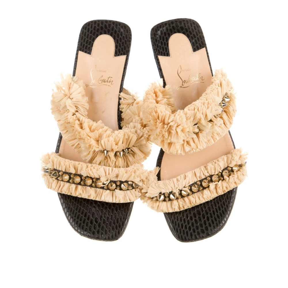 Christian Louboutin Black & Tan Fringe Spike Raffia Slides. Leather & Krung trim